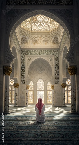 Inside a mosque, a man wearing a white robe stands, highlighting the serene atmosphere of the space