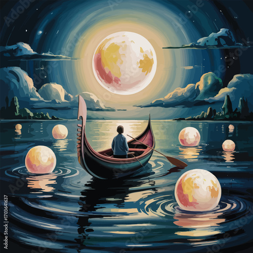 Person in gondola rowing on water with glowing moons and large moon boat