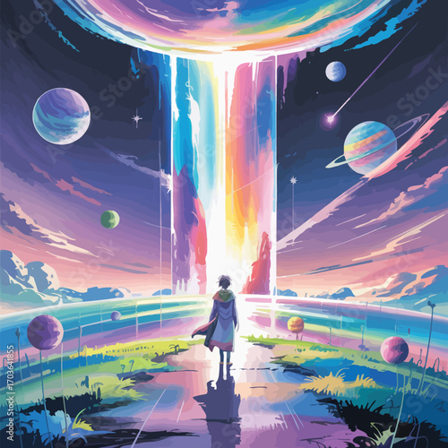 Person standing before a vibrant rainbow waterfall in a colorful alien landscape Keywords: alien