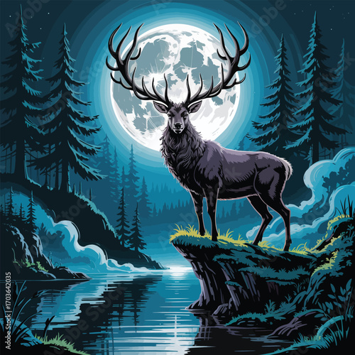Regal stag with large antlers on cliff by water under full moon deer