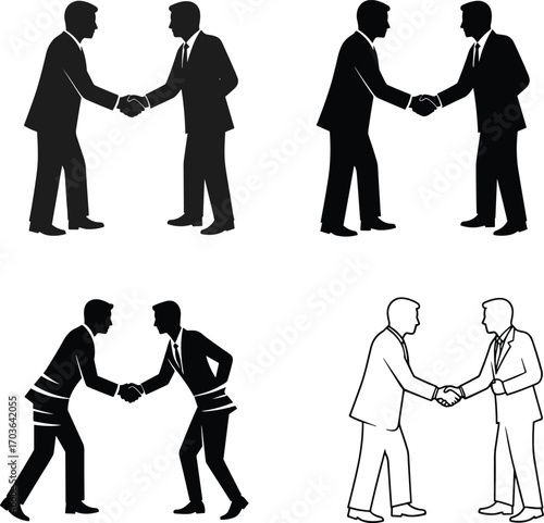 Businessmen shaking hands vector set – professional agreement, partnership, deal, corporate collaboration, handshake silhouettes in business attire