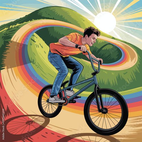 Smiling young man on BMX bike rides on colorful winding path riding