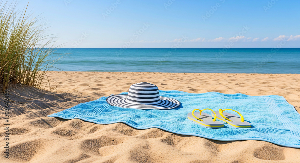 Obraz premium Beach Day Essentials: A sun hat, towel, and flip-flops set the scene for a perfect beach day, evoking feelings of relaxation and escape.