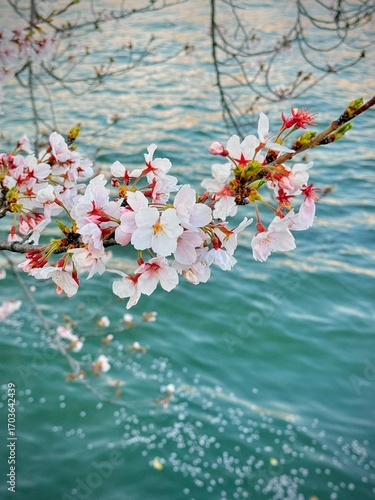 Closeup of pink cherry blossoms in full bloom along the river with petals floating on the water 