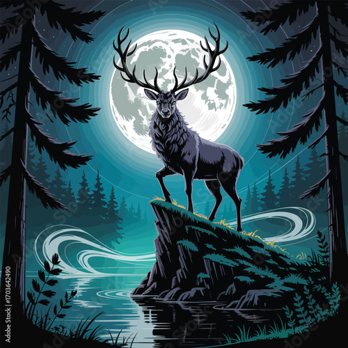 Stag on Cliff Under Full Moon with Wispy Smoke Trails Keywords: stag, deer, elk, antlers, full