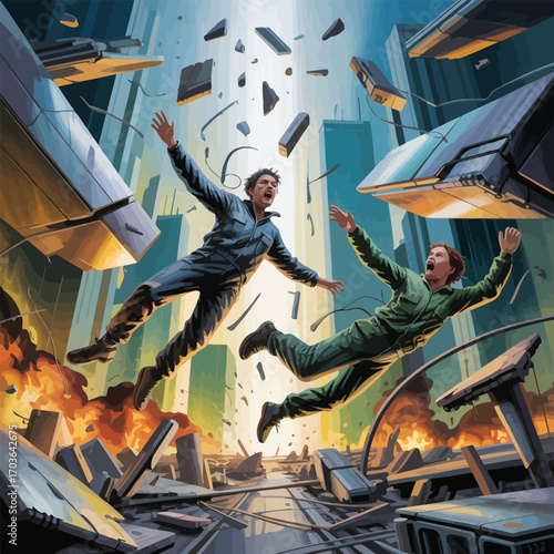 Two men falling through a destroyed futuristic city with explosions and debris disaster