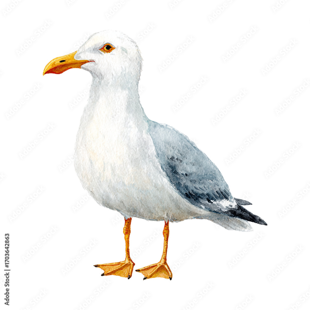 Obraz premium Elegant watercolor illustration of a seagull, showcasing its natural beauty and coastal charm with delicate brushstrokes, isolated on transparent background