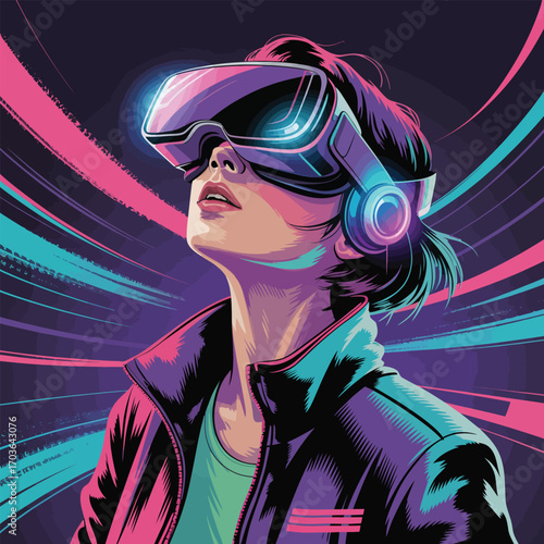 Woman wearing virtual reality headset with vibrant pink and blue light streaks VR headset