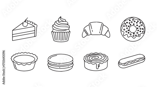 Collection of delicious bakery desserts and pastries in a clean silhouette style