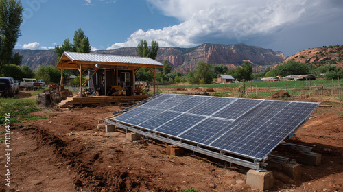 Rural solar panel installation near a small cabin and farm with mountains in the background
