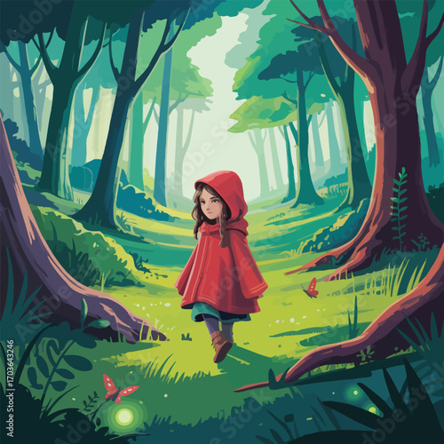 Young girl with red hooded cloak walking through a sunlit green forest with butterflies