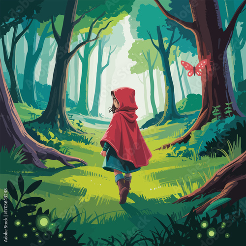 Young girl in red hooded cloak walks through enchanted forest with butterfly red cloak