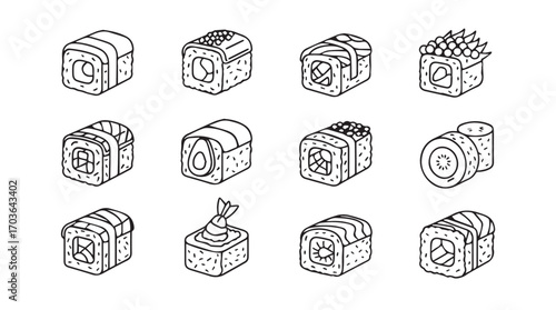Collection of twelve different sushi rolls and nigiri in a hand drawn silhouette style