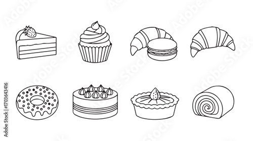 Collection of delicious bakery desserts and pastries in a simple line drawing silhouette