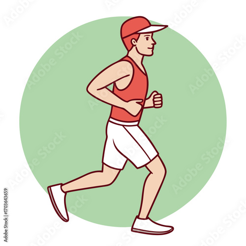 Vector art of a man wearing a red tank top, white shorts, and a red cap running in profile against a light green circle background