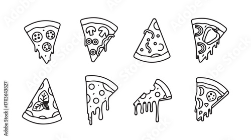Collection of eight hand drawn pizza slices in a simple outline silhouette style