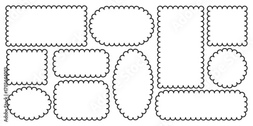 Various shapes scallop edge frame collection. Decorative Scalloped rectangle square oval circle frames set. Minimalist outline picture photo poster banner card template. Wavy border retro stamp. 