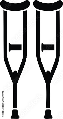 A simple black vector icon of a pair of medical crutches, representing injury, disability, mobility aid, and healthcare support, isolated on a white background