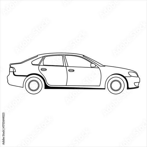 Black and white outline drawing of a sedan car side view automobile vehicle
