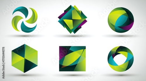 Abstract logo designs featuring geometric shapes, vibrant colors, and dynamic compositions