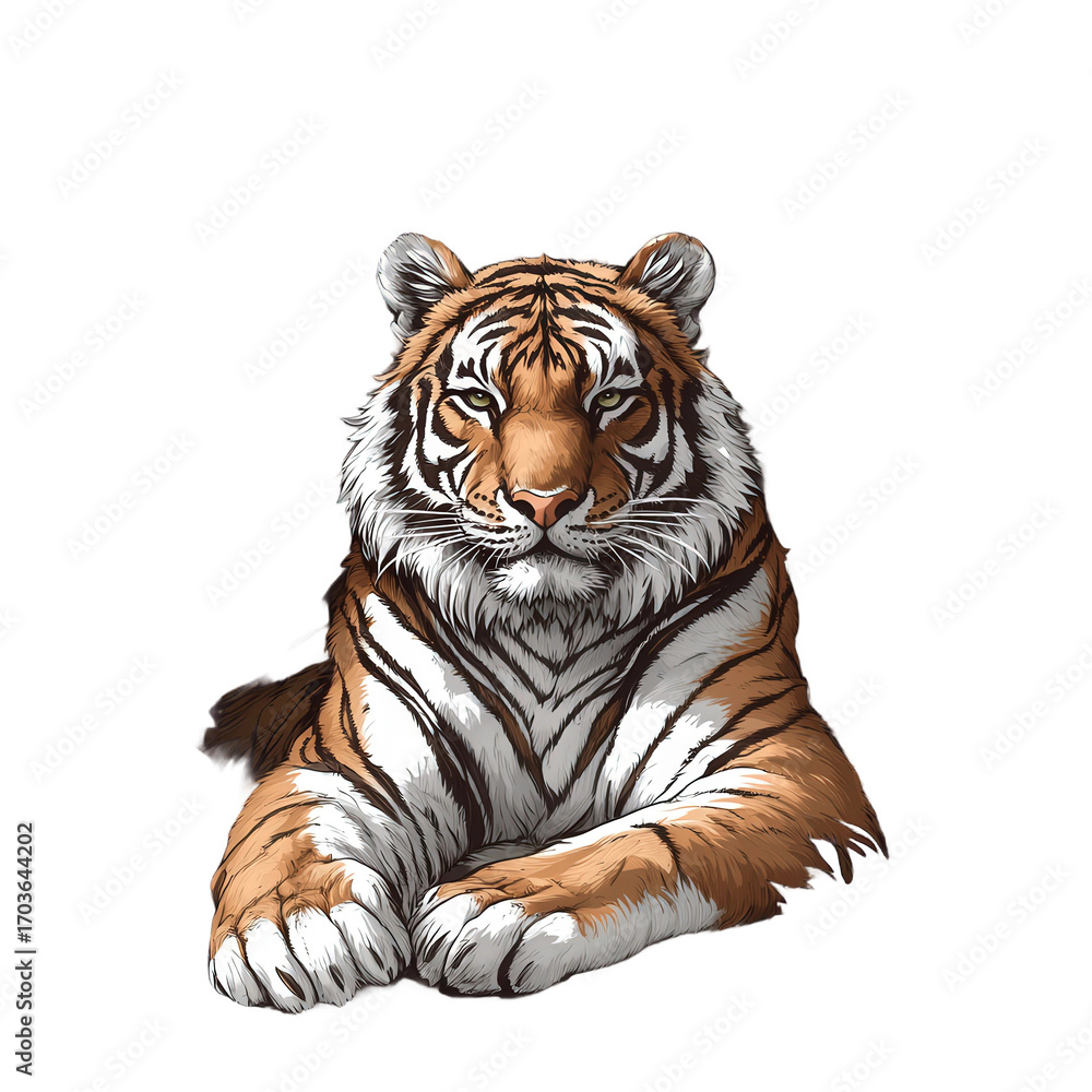 Fototapeta premium Majestic tiger resting on the ground with striking orange fur and bold black stripes, showcasing its powerful presence in a serene environment.