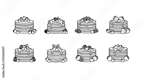 Eight delicious stacked pancakes with toppings silhouette