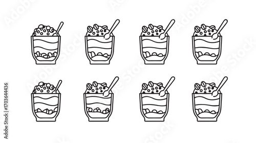 Collection of eight stylized dessert drink silhouettes with whipped cream and toppings