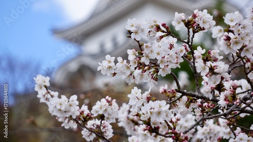 View of Himeji castle from behind cherry blossom blooms
