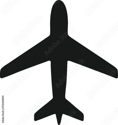 Minimalist black silhouette icon of an airplane, seen from an aerial top view, symbolizing air travel, global transport, and the concept of flight and aviation