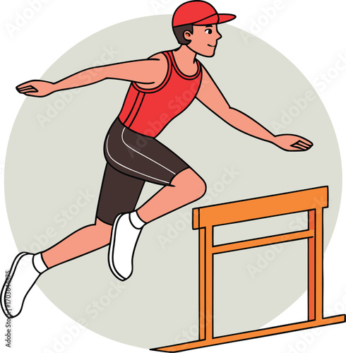 Vector art of athlete jumping over a hurdle during a track and field race, illustration