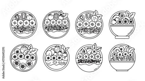 Collection of eight oval shaped smoothie bowls with fruit and granola toppings silhouette