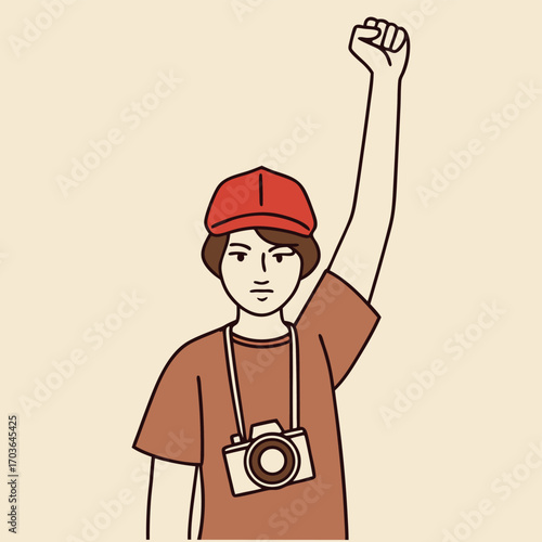 Vector art of young person with a camera around their neck raises a fist in solidarity and protest, illustration