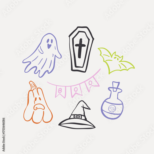 Halloween line art icons set in color. Includes ghost, coffin, bat, pumpkin, witch hat, potion bottle, and festive garland. Perfect for stickers, cards, invitations, party decor and seasonal design.