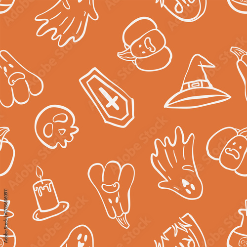 Seamless Halloween pattern with white line art icons on orange background. Includes ghost, skull, coffin, candle, witch hat, pumpkin and spooky symbols.