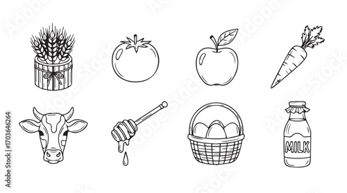 Collection of farm fresh food and animal icons in a simple sketch silhouette style
