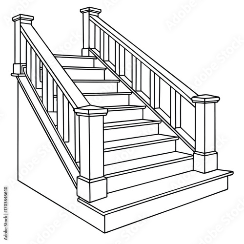 Vector art of a simple black and white line drawing of a wooden staircase with banisters and newel posts