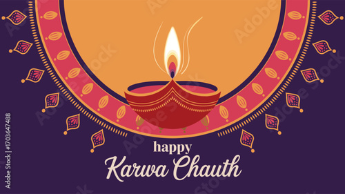 Happy Karwa Chauth festive illustration with traditional diya, mandala-style background, and elegant script text celebrating Indian culture