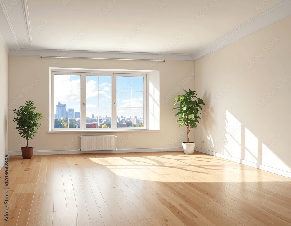 Fototapeta premium Bright apartment room with polished wood floor and city view window