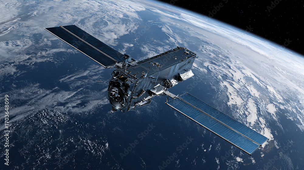 Obraz premium A satellite orbiting Earth showcasing solar panels and advanced technology against a backdrop of clouds and the planet's curvature
