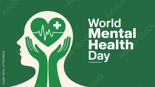 World Mental Health Day design with green ribbon, heart, hands, and medical symbols on white background, promoting care and global awareness