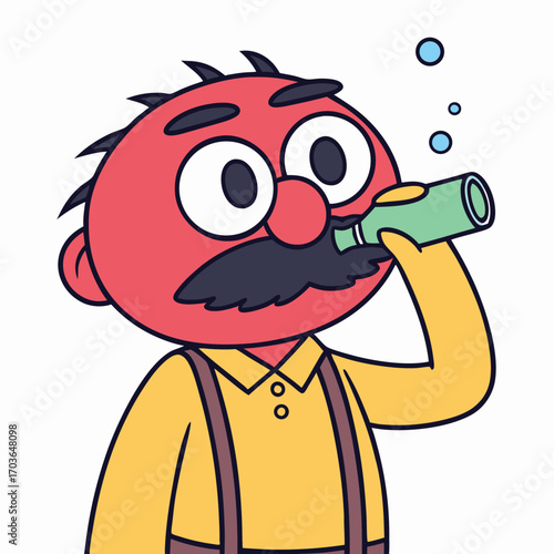 Vector art of cartoon man with red face and mustache drinking from a bottle