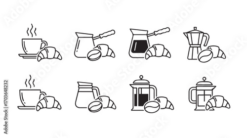 Collection of coffee brewing methods and breakfast items silhouette