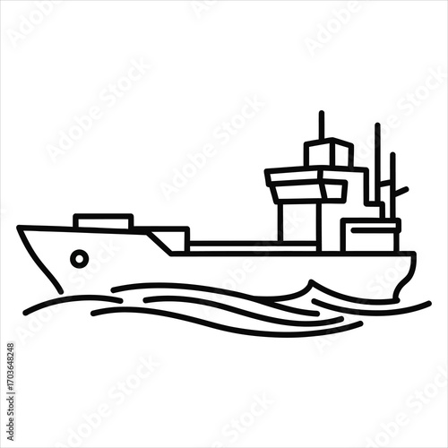 Black outline of a cargo ship sailing on wavy water vessel boat