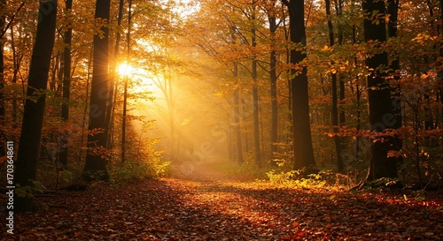 Autumn forest path illuminated by warm sunlight and fallen leaves  
