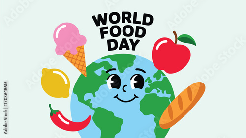World Food Day cartoon illustration with smiling Earth and diverse food items on white background, celebrating global nutrition and awareness