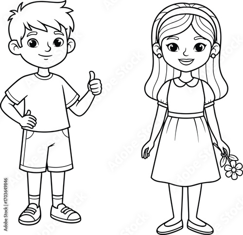 Black and white coloring page of happy boy and girl standing, smiling children, thumbs up boy, girl holding flower, kids illustration.