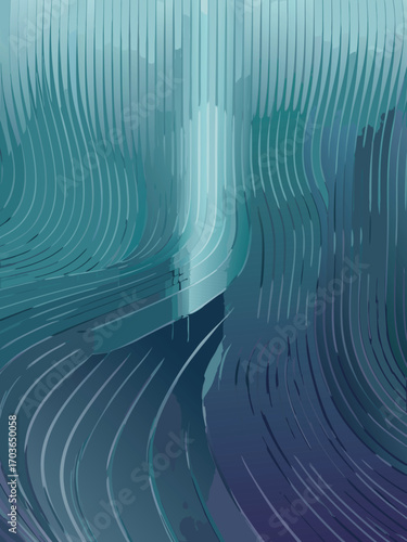 Abstract teal and blue wave pattern with vertical lines, creating a flowing and dynamic visual effect, blending cool tones in a modern design