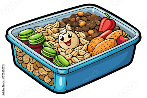 vector of Healthy nuts including raisins, almonds, pistachios, walnuts and chickpeas in a special container for feeding your child