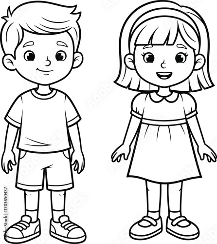 Black and white coloring page of smiling boy and girl standing, kids illustration, children wearing casual clothes, happy cartoon characters.