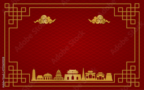 China's National Day celebration background template with silhouettes of historical buildings and clouds. Great for banners, posters and social media.